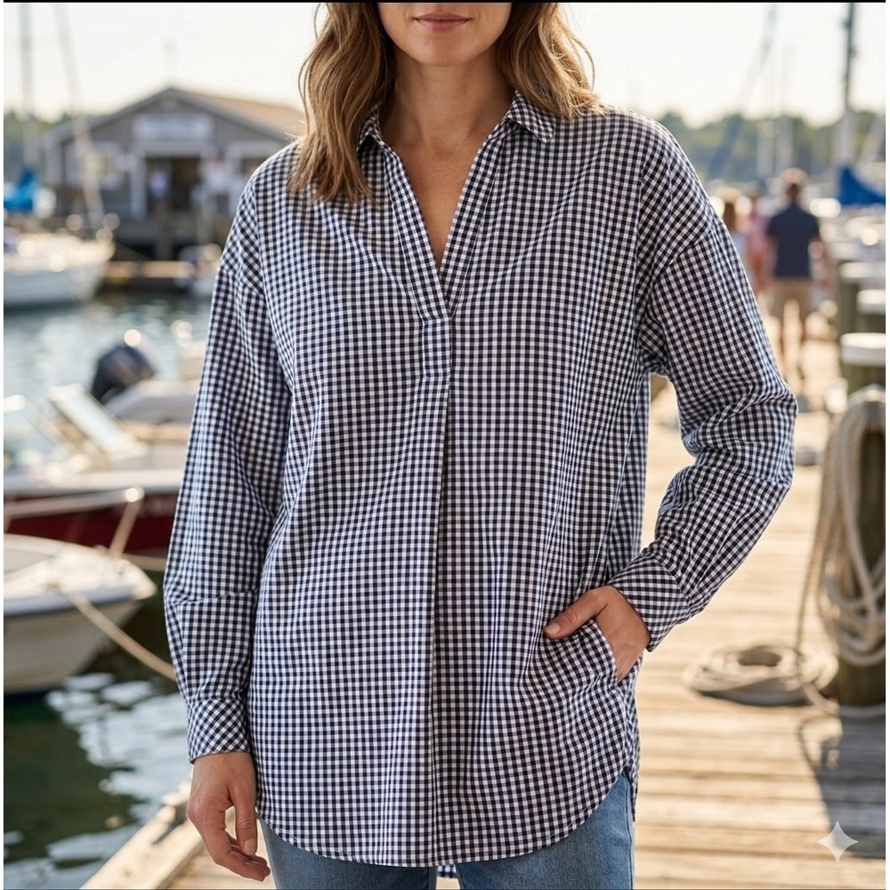 J Jill Gingham Tunic Popover Top Tunic Size M Navy Nautical Cottage Cotton Blend